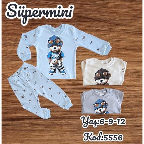 Süpermini 1496 Erkek Çocuk Penye Geometrik Ayıcık Baskılı Takım 1-3 Yaş
