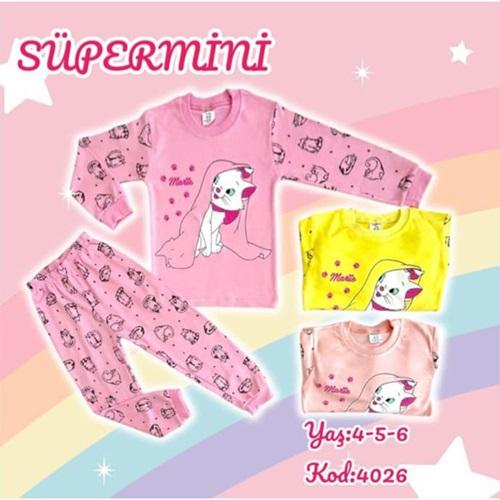 Süpermini 4026 Kız Çocuk Penye Fiyonklu Kedicik Baskılı Takım 4-6 Yaş