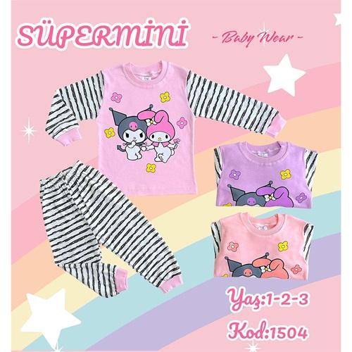 Süpermini 1504 Kız Çocuk Penye Çiçekli Tavşanlar Baskılı Takım 1-3 Yaş