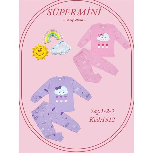 Süpermini 1512 Kız Çocuk Penye Kalpli Bulut Baskılı Takım 1-3 Yaş