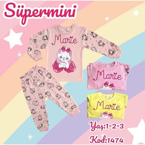 Süpermini 1474 Kız Çocuk Penye Süslü Kedicik Baskılı Takım 1-3 Yaş