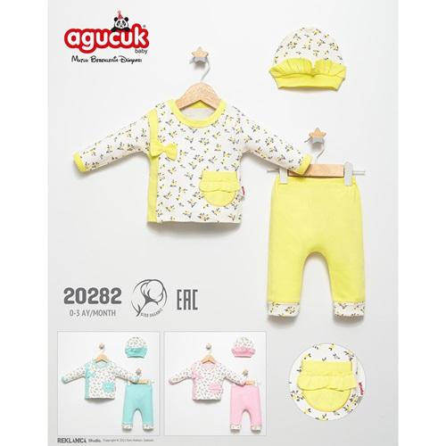 Agucuk Baby 20282 Kız Bebe Penye Çiçek Desenli Patiksiz Cepli 3 Lü Zıbın Takım 0-3 Ay