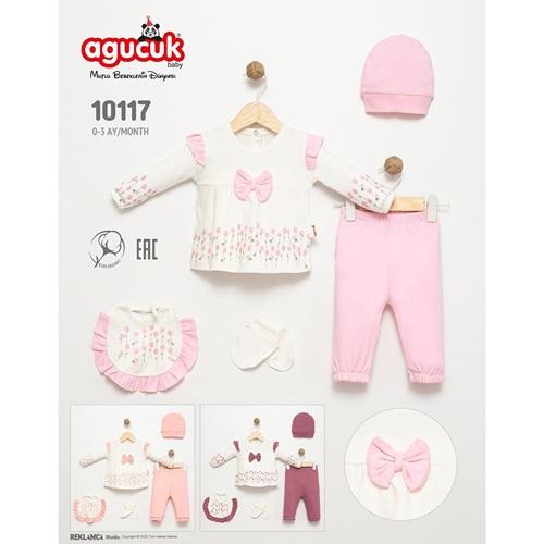 Agucuk Baby 10117 Kız Bebe Penye Çiçek Desenli Patiksiz 5 Lü Takım 0-3 Ay