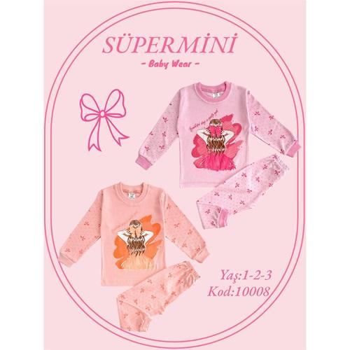 Süpermini 10008 Kız Çocuk Penye Kurdela Tokalı Kız Baskılı Takım 1-3 Yaş