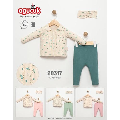 Agucuk Baby 20317 Kız Bebe Penye Çiçek Desenli Patiksiz 3 Lü Takım 0-3 Ay