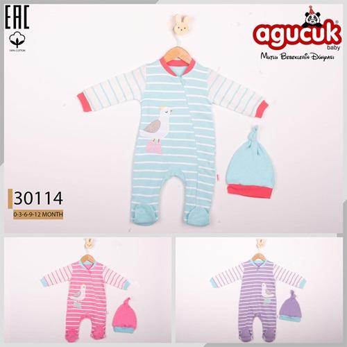 Agucuk Baby 30114 Kız Bebe Penye Kuş Nakışlı Patikli Tulum 3-12 Ay