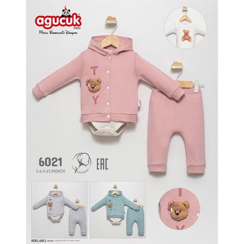 Agucuk Baby 6021 Erkek Bebe Kapşonlu Sevimli Ayıcık Baskılı 3 lu Takım 3-9 Ay