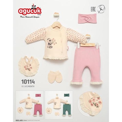 Agucuk Baby 10114 Kız Bebe Penye Sevimli Panda Çiçek Baskılı 4 Lü Takım 0-3 Ay