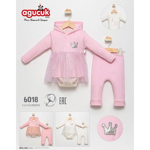 Agucuk Baby 6018 Kız Bebe Sevimli Kuğu Baskılı Baskılı 3 Lü Takım 3-9 Ay