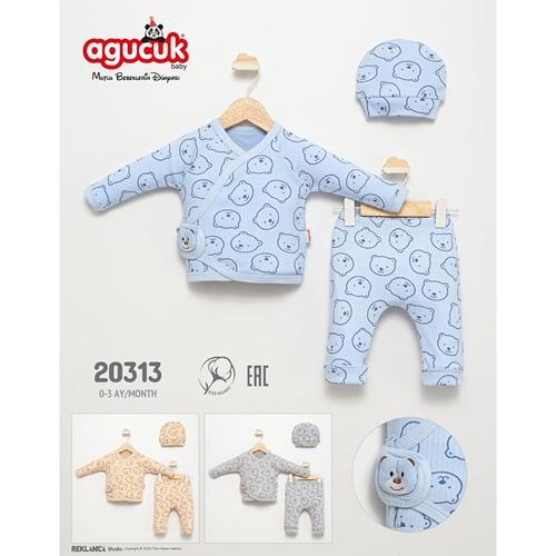 Agucuk Baby 20313 Erkek Bebe Penye Sevimli Ayıcık Baskılı 3 Lü Takım 0-3 Ay