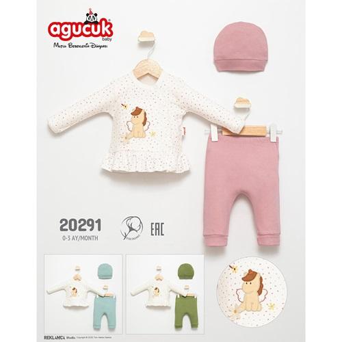 Agucuk Baby 20291 Kız Bebe Penye Sevimli Hayvan Nakışlı Takım 0-3 Ay