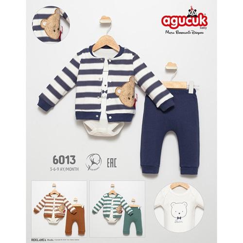 Agucuk Baby 6013 Çocuk 3 Lü Süzüne Ayıcıklı İşlemeli Takım 3-6 Ay
