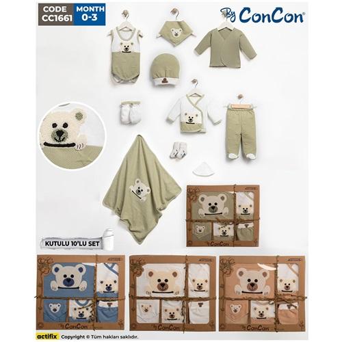 ConCon 1661 Bebe Organik Lüx Panda Nakışlı 10 Parça Zıbın Set 0-3 Ay