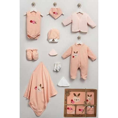 ConCon 1665 Bebe Organik Lüx Çiçekli Tavşan Nakışlı 10 Parça Zıbın Set 0-3 Ay