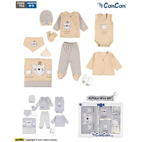 ConCon 722 Bebe Şapkalı Sevimli Ayıcık Nakışlı 10 Parça Zıbın Set 0-3 Ay