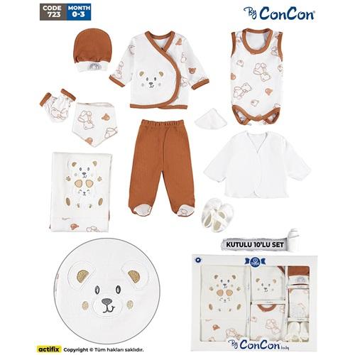 ConCon 723 Bebe Puanlı Kulaklı Sevimli Ayıcık Nakışlı 10 Parça Zıbın Set 0-3 Ay