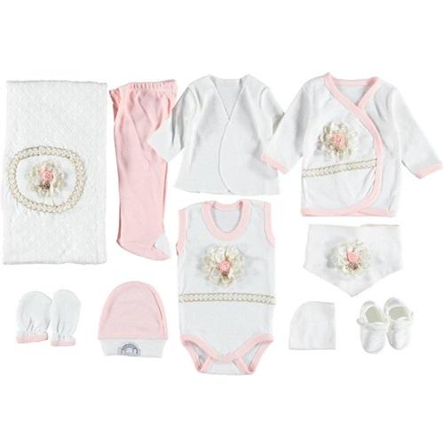 ConCon 555 Bebe Kabartma Çiçek Nakışlı 10 Parça Zıbın Set 0-3 Ay