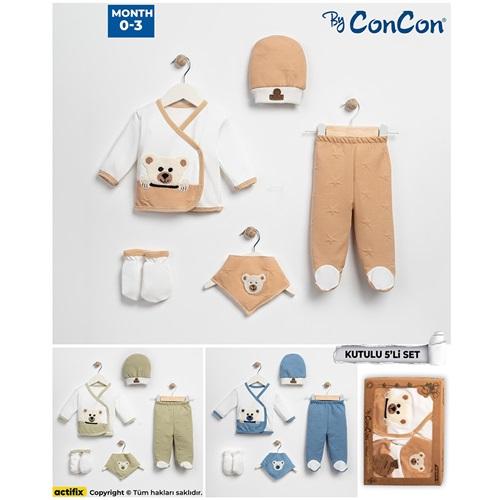 ConCon 5071 Bebe Organik Lüx Süzine Sevimli Panda Nakışlı 5 Parça Zıbın Set 0-3 Ay