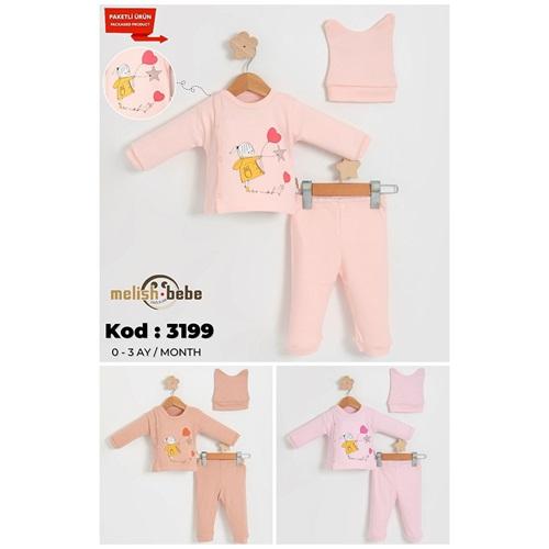 Melish Bebe 3199 Kız Bebe Penye Balonlu Kız Baskılı Zıbın Takım 0-3 Ay