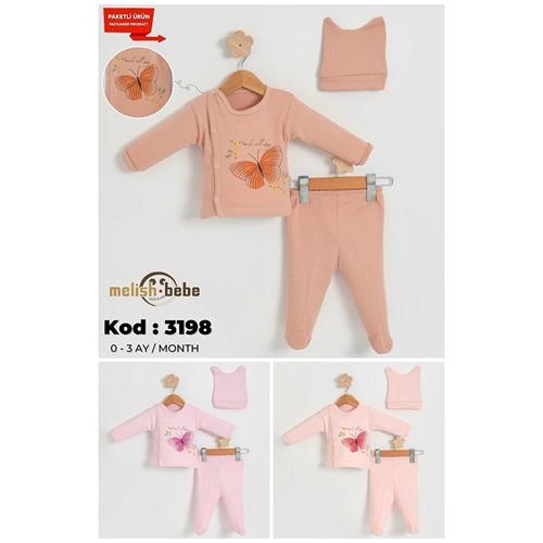 Melish Bebe 3198 Kız Bebe Penye Kelebek Baskılı Zıbın Takım 0-3 Ay