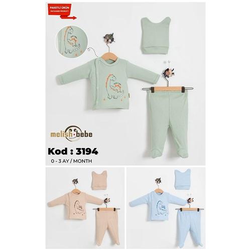 Melish Bebe 3194 Bebe Penye Dinozor Baskılı Zıbın Takım 0-3 Ay