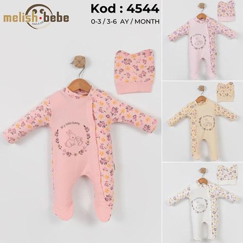 Melish Bebe 4544 Bebe Raporlu Çiçek Tavşan Baskılı Tulum 3-6 Ay