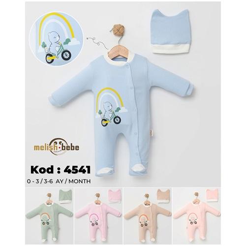 Melish Bebe 4541 Bebe Penye Bisikletli Sevimli Ayıcık Baskılı Tulum 3-6 Ay