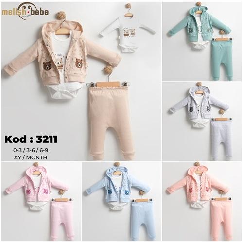 Melish Bebe 3211 Bebe Penye Ayıcık Baskılı Hırkalı 3 Lü Takım 0-3-6 Ay