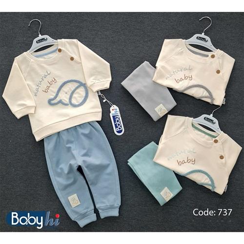 Baby Hi 737 Erkek Bebe Penye File Başı Süzüne Nakışlı 2Li Takım 6-9-12 Ay