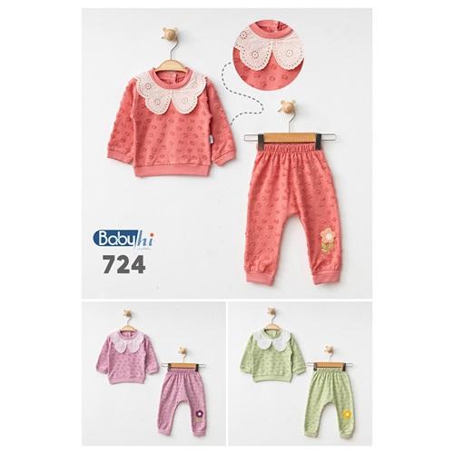 Baby Hi 724 Kız Bebe Penye Güpür Yakalı 2Li Takım 6-9-12 Ay