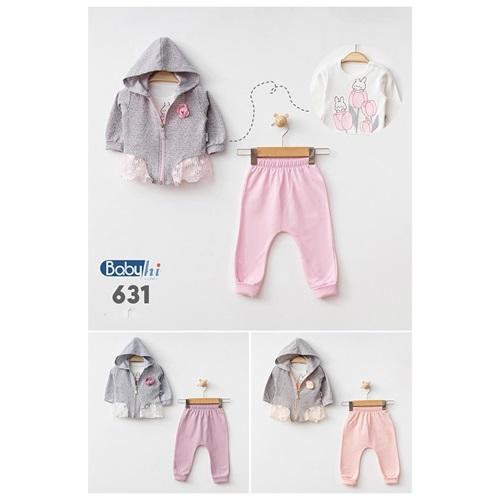 Baby Hi 631 Kız Bebe Penye Gül Jakarlı 3 Li Takım 6-9-12 Ay