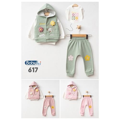Baby Hi 617 Kız Bebe Çiçekli Kızlar Nakışlı Kapşonlu Yelekli 3Lü Takım 6.9.12 Ay