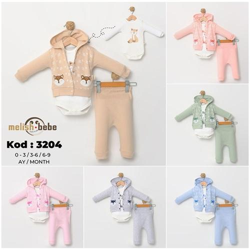 Melish Bebe 3204 Kız Bebe Penye Sevimli Tilki Baskılı 3 Lü Takım 3-9 Ay