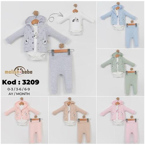 Melish Bebe 3209 Bebe Penye Sevimli Fil Baskılı 3 Lü Takım 3-9 Ay