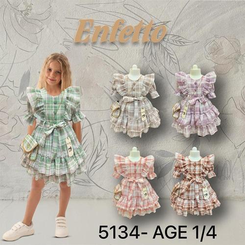 Neo Style 5134 Kız Çocuk Ekoseli Katkat Etek Çantalı Elbise 1-4 Yaş