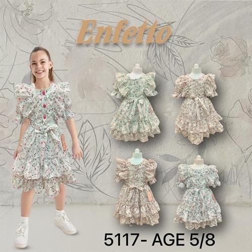 Lotus 5117 Kız Çocuk Şifon Çiçek Desenli Kuşaklı Elbise 5-8 Yaş