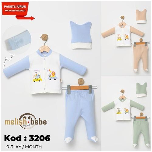 Melish Bebe 3206 Bebe Penye Sevimli Aslan & Fil Baskılı Tulum 0-3 Ay
