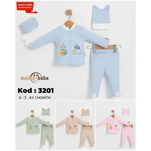 Melish Bebe 3201 Bebe Penye Sevimli Baykuş Baskılı Tulum 0-3 Ay