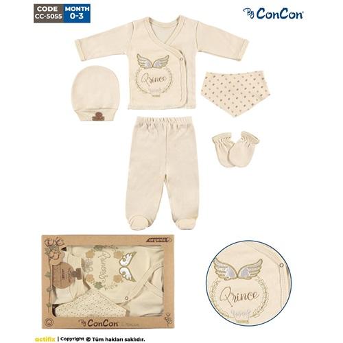 ConCon 5055 Bebe Organik Lüx Prens Nakışlı 5 Parça Zıbın Set 0-3 Ay