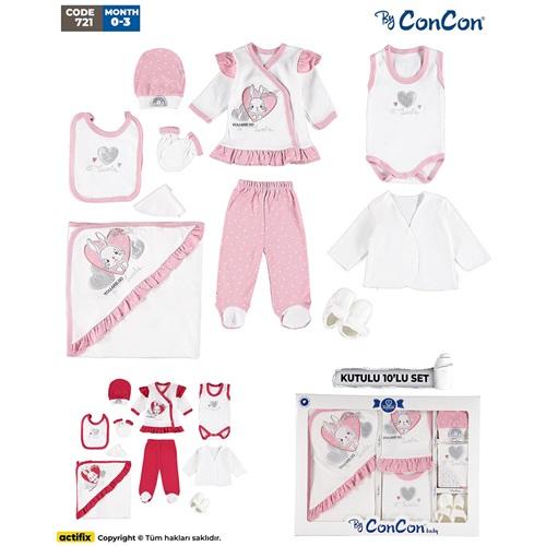 ConCon 721 Bebe Kalp Fistolu Tavşan Nakışlı 10 Parça Zıbın Set 0-3 Ay