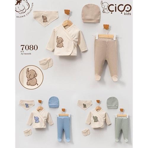 Çiço Kids 7080 Erkek Bebe Penye Süzine Sevimli Fil Nakışlı 3 Lü Takım 0-3 Ay