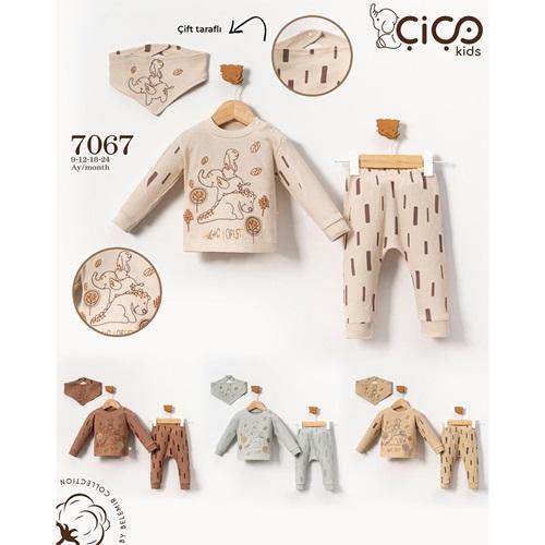 Çiço Kids 7067 Erkek Bebe Penye Waffle Sevimli Hayvanlar Nakışlı 3 Lü Takım 9-24 Ay