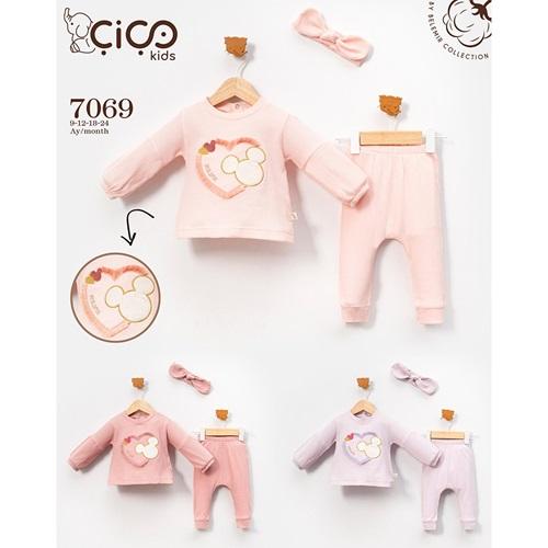 Çiço Kids 7069 Kız Bebe Penye Waffle Kalp Nakışlı 3 Lü Takım 9-24 Ay