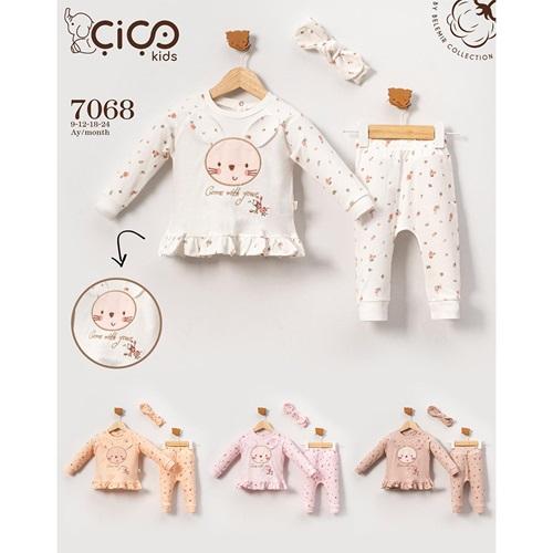 Çiço Kids 7068 Kız Bebe Penye Sevimli Tavşan Nakışlı Bandalı 3 Lü Takım 9-24 Ay