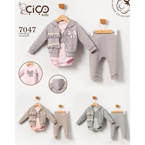 Çiço Kids 7047 Kız Bebe Penye Kurdela Nakışlı Bandalı 3 Lü Takım 9-24 Ay