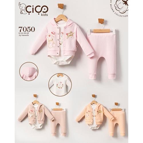 Çiço Kids 7050 Kız Bebe Penye Sevimli Tavşan Nakışlı Bandalı 3 Lü Takım 9-24 Ay
