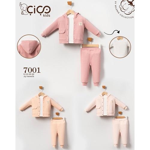 Çiço Kids 7001 Kız Bebe Penye Cepli Kapşonlu 3 Lü Takım 9-24 Ay
