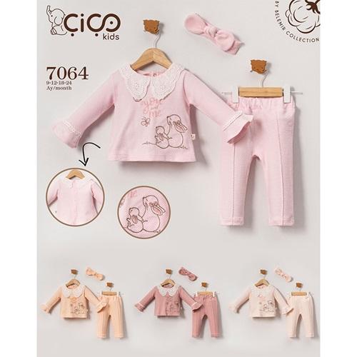 Çiço Kids 7064 Kız Bebe Penye Sevimli Tavşan Nakışlı Yakalı 3 Lü Takım 9-24 Ay