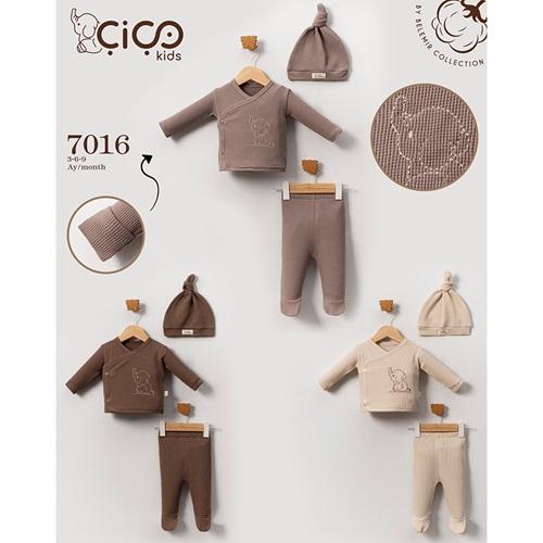 Çiço Kids 7016 Erkek Bebe Sevimli Fil Nakışlı Waffle 3 Lü Takım 3-9 Ay