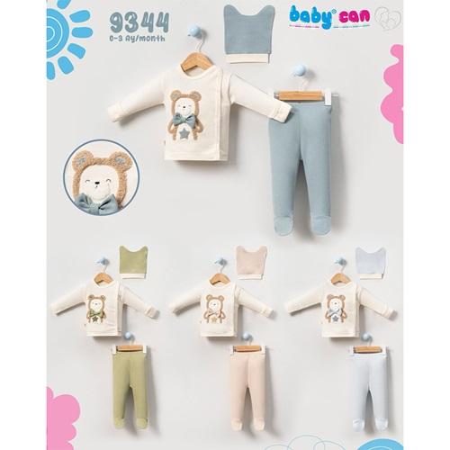 Baby Can 9344 Bebe Penye Süzine Sevimli Ayıcık Nakışlı Bereli 3 Parça Zıbın Takım 0-3 Ay